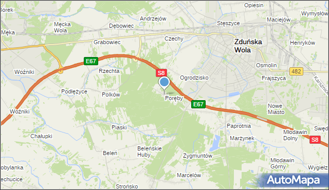 mapa Poręby, Poręby gmina Zduńska Wola na mapie Targeo